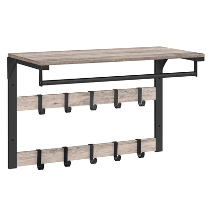 VASAGLE wandkapstok, met legplank, wandplank met 10 verwijderbare haken, hangplank, wandmontage, 2 kapstokken, kledingstang, voor hal, slaapkamer, badkamer, grijs-zwart LCR101B02