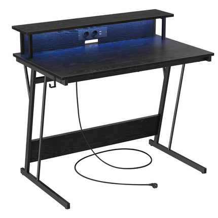 Derins Gaming-Tisch mit LED-Beleuchtung, Schreibtisch mit eingebauter Steckdosenleiste, Computertisch, Monitorständer für 2 Monitore, Schlafzimmer, 60 x 100 x 76 cm, klassikschwarz LWD191B56