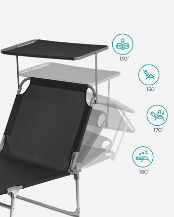 SONGMICS Sunbed Sun Lounger Garden Chair Extra Large 71 x 200 x 38 cm Loadable up to 150 kg with Headrest and Canopy Adjustable Backrest Foldable Garden Black GCB22BK