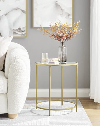 VASAGLE Side Table Round Bedside Table Small Coffee Table 50 x 50 x 55 cm Glass Table with Metal Frame Sofa Table Balcony Tempered Glass Gold LGT20G