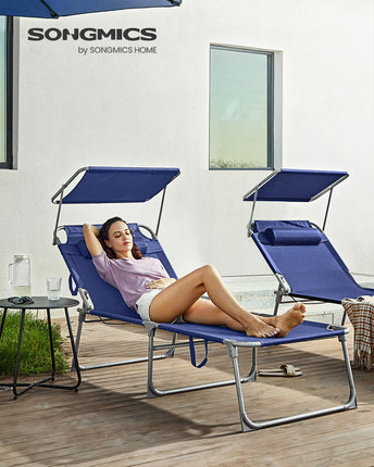 SONGMICS Sunbed Sun Lounger Garden Chair Extra Large 71 x 200 x 38 cm Loadable up to 150 kg with Headrest and Canopy Adjustable Backrest Foldable Garden Dark Blue GCB22BUV2