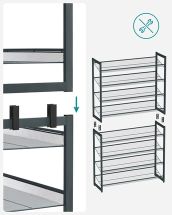 SONGMICS 8-stufiges Schuhregal, Schuhaufbewahrung, bestehend aus 2 stapelbaren 4-stufigen Regalen, für 32 bis 40 Paar Schuhe, verstellbare Netze, flach oder schräg montierbar, grau LMR08GB