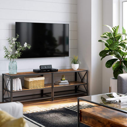 VASAGLE TV-meubel, TV-tafel, lowboard voor TV's tot 70 inch, TV-meubel met planken, stalen frame, TV-plank voor woonkamer, slaapkamer, vintage bruin-zwart LTV095B01
