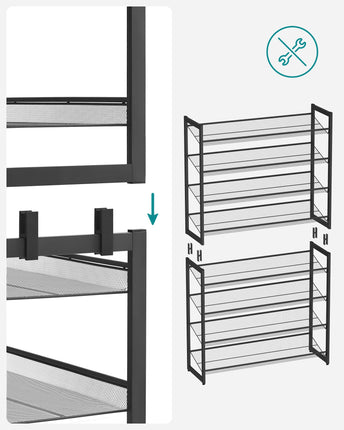 SONGMICS Schuhregal mit 8 Ebenen, Set mit 2 stapelbaren Schuhorganisatoren mit 4 Ebenen, Schuhaufbewahrung aus Metall, mit verstellbaren Gitterböden, flach oder schräg montierbar, Schwarz LMR08B