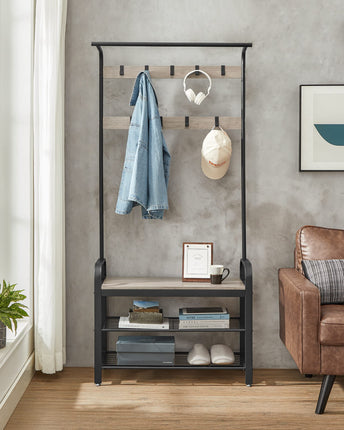 VASAGLE coat rack, coat rack, shoe rack with seat, clothes rack with 9 detachable hooks, bench, 2 net bottoms, 183 cm high, industrial design, gray-black HSR400B02