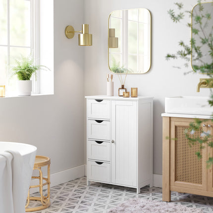 VASAGLE Dressoir badkamerkast, badkamerkast van hout bijzetkast commode met 4 laden, kastdeur, verstelbare plankvlak, woonkamer, keuken, hal, diep, vrijstaand, wit LHC41W
