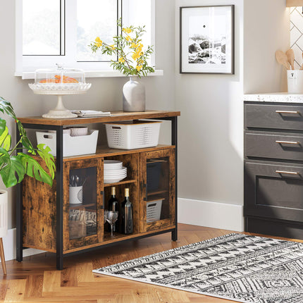 VASAGLE Sideboard, Küchenschrank, Aufbewahrungsschrank mit 2 transparenten Glastüren, verstellbare Einlegeböden, für Küche, Esszimmer, 100 x 35 x 80 cm, Industriestil, Vintage Braun-Schwarz LSC095B01