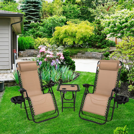 3 Piece Sun Lounger Set, Foldable Sun Lounger with Adjustable Head Cushion and Backrest, Lunch Break Relax Chair with Side Table and Cup Holder, Ergonomic and Breathable, Beige