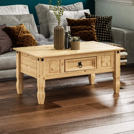 Derins Basics Rechteckig TBC Corona Couchtisch mit Schublade, Distressed Waxed Pine, 56 x 94 x 45 cm, Massivholz, Kiefer (Früher Movian)