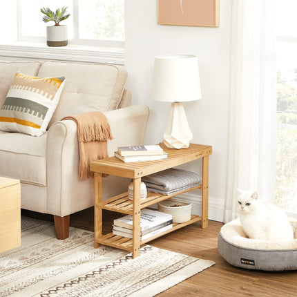 SONGMICS Schuhregal, Schuhschrank mit Bank, Schuhbank aus Bambus mit 3 Ablagen, 70 x 28 x 45 cm, ideal für Flur, Badezimmer, Wohnzimmer, Flur LBS04N