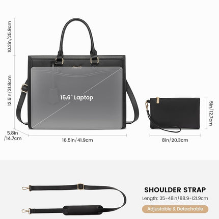 LOVEVOOK Laptoptas 15,6 inch zwarte handtas dames grote shopper tas lederen tote bag werktas schoudertas aktetas uni tas lerarentas schoudertas schoudertas voor business school