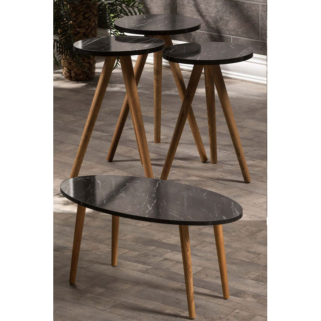 Sierra Salontafel Set | Marmeren look | Set van 4 | Zwart | Luxe design | Marmer | Bijzettafel | Sofa tafel Ovaal | Woonkamer tafel | Salon tafel