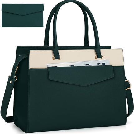 RAINSMORE Laptoptassen voor vrouwen 15,6 inch, dames draagtas, lederen designer laptop handtas, grote werktas met envelop, clutch tas voor kantoor en school