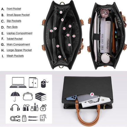 Dakuly Laptoptassen voor vrouwen, 15,6 inch, dameshandtassen, draagtas, grote werktassen, PU-lederen ontwerper-schoudertas voor zakelijk gebruik, kantoor, winkelen of universiteit