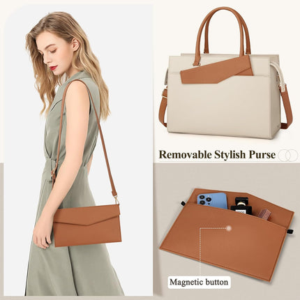 RAINSMORE Laptoptassen voor vrouwen 15,6 inch, dames draagtas, lederen designer laptop handtas, grote werktas met envelop, clutch tas voor kantoor en school