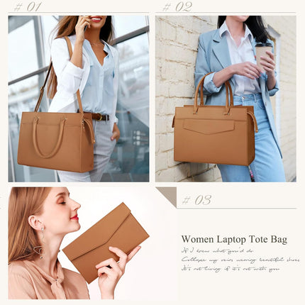 RAINSMORE Laptoptassen voor vrouwen 15,6 inch, dames draagtas, lederen designer laptop handtas, grote werktas met envelop, clutch tas voor kantoor en school