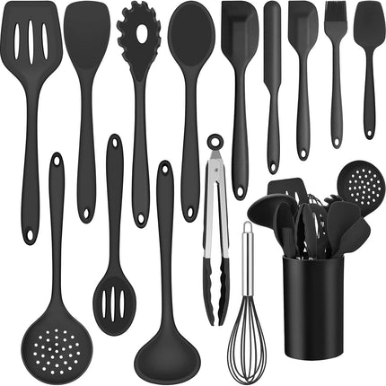 Joyfair 15 stuks keukengerei van siliconen, hittebestendig, met keukengereihouder, anti-aanbaklaag, vaatwasmachinebestendig, zwart
