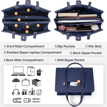 Dameshandtas voor de universiteit, PU-lederen draagtas, grote werktas, tas voor laptop van 15,6 inch, schoudertas, zwart