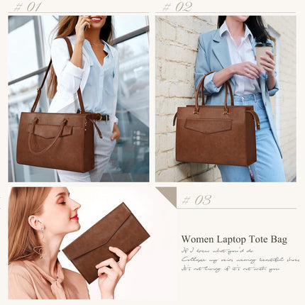 RAINSMORE Laptoptassen voor vrouwen 15,6 inch, dames draagtas, lederen designer laptop handtas, grote werktas met envelop, clutch tas voor kantoor en school