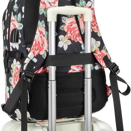 Tzowla Laptop Rugzak voor Heren,Waterdichte Antidiefstalrugzak voor School,Universiteit met USB-Oplaadpoort en Slot,14/15,6 inch Laptoptas voor Dames Jongens Meisje Werk,Reisrugzak-Bloem Roos