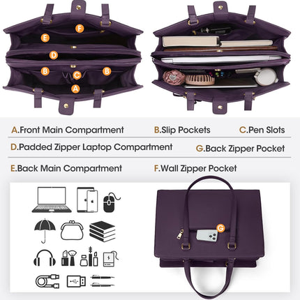 Dameshandtas voor de universiteit, PU-lederen draagtas, grote werktas, tas voor laptop van 15,6 inch, schoudertas, zwart