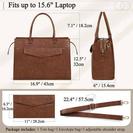RAINSMORE Laptoptassen voor vrouwen 15,6 inch, dames draagtas, lederen designer laptop handtas, grote werktas met envelop, clutch tas voor kantoor en school