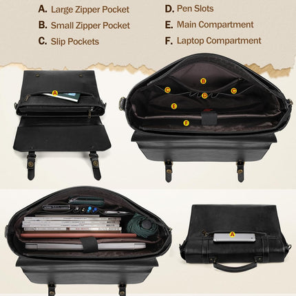 IGOLUMON Aktetas heren waterdichte schoudertas heren 15,6 inch laptoptas vintage werktas messenger bag laptop schoudertassen bruin