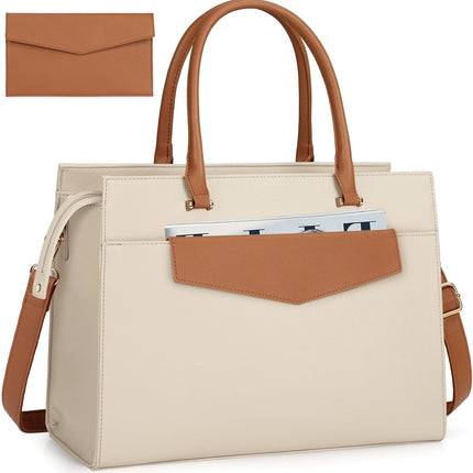 RAINSMORE Laptoptassen voor vrouwen 15,6 inch, dames draagtas, lederen designer laptop handtas, grote werktas met envelop, clutch tas voor kantoor en school