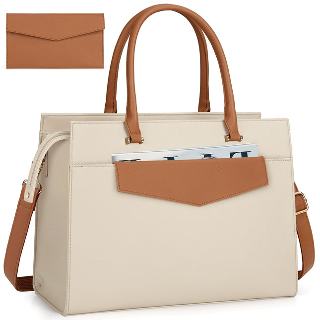 RAINSMORE Laptoptassen voor vrouwen 15,6 inch, dames draagtas, lederen designer laptop handtas, grote werktas met envelop, clutch tas voor kantoor en school