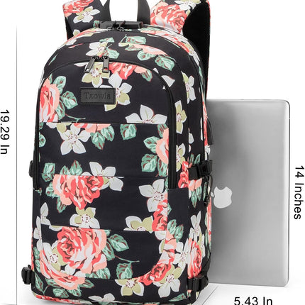 Tzowla Laptop Rugzak voor Heren,Waterdichte Antidiefstalrugzak voor School,Universiteit met USB-Oplaadpoort en Slot,14/15,6 inch Laptoptas voor Dames Jongens Meisje Werk,Reisrugzak-Bloem Roos