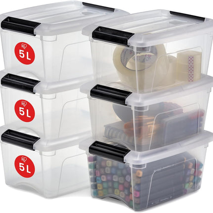 Iris Ohyama, Set van 6 opbergdozen, 5L, Stapelbaar, Garage, slaapkamer, woonkamer,NTB-5, B28 x D19,5 x H14,5 cm - Transparant