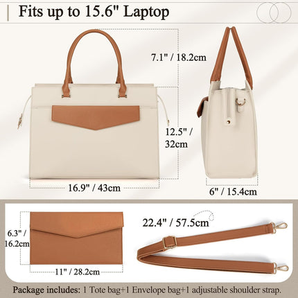 RAINSMORE Laptoptassen voor vrouwen 15,6 inch, dames draagtas, lederen designer laptop handtas, grote werktas met envelop, clutch tas voor kantoor en school