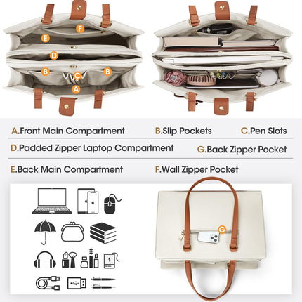 Dameshandtas voor de universiteit, PU-lederen draagtas, grote werktas, tas voor laptop van 15,6 inch, schoudertas, zwart