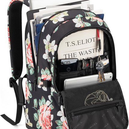 Tzowla Laptop Rugzak voor Heren,Waterdichte Antidiefstalrugzak voor School,Universiteit met USB-Oplaadpoort en Slot,14/15,6 inch Laptoptas voor Dames Jongens Meisje Werk,Reisrugzak-Bloem Roos
