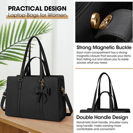 Dameshandtas voor de universiteit, PU-lederen draagtas, grote werktas, tas voor laptop van 15,6 inch, schoudertas, zwart