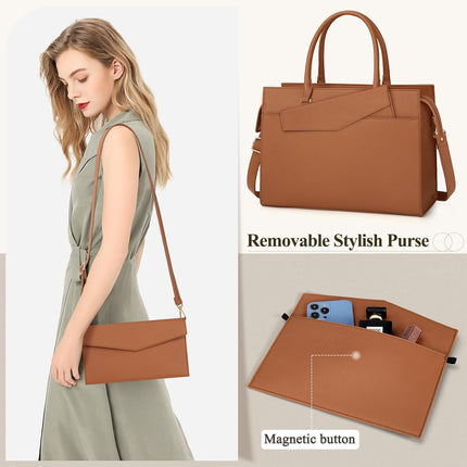 RAINSMORE Laptoptassen voor vrouwen 15,6 inch, dames draagtas, lederen designer laptop handtas, grote werktas met envelop, clutch tas voor kantoor en school