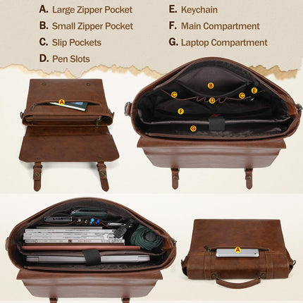 IGOLUMON Aktetas heren waterdichte schoudertas heren 15,6 inch laptoptas vintage werktas messenger bag laptop schoudertassen bruin