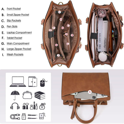 Dakuly Laptoptassen voor vrouwen, 15,6 inch, dameshandtassen, draagtas, grote werktassen, PU-lederen ontwerper-schoudertas voor zakelijk gebruik, kantoor, winkelen of universiteit