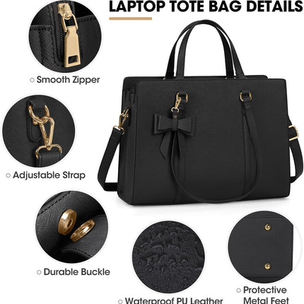 Dameshandtas voor de universiteit, PU-lederen draagtas, grote werktas, tas voor laptop van 15,6 inch, schoudertas, zwart