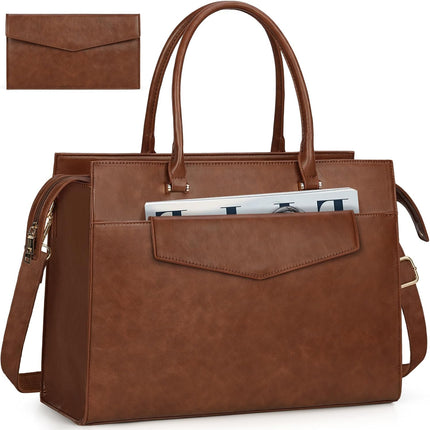 RAINSMORE Laptoptassen voor vrouwen 15,6 inch, dames draagtas, lederen designer laptop handtas, grote werktas met envelop, clutch tas voor kantoor en school