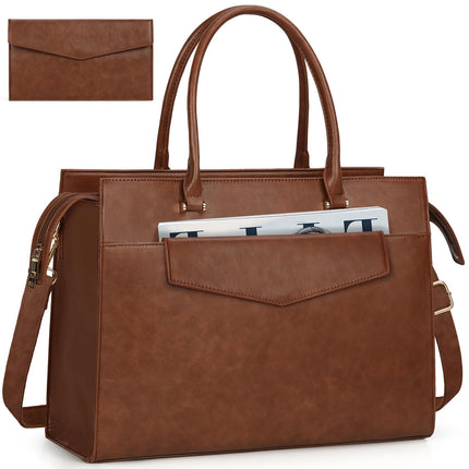 RAINSMORE Laptoptassen voor vrouwen 15,6 inch, dames draagtas, lederen designer laptop handtas, grote werktas met envelop, clutch tas voor kantoor en school