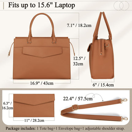 RAINSMORE Laptoptassen voor vrouwen 15,6 inch, dames draagtas, lederen designer laptop handtas, grote werktas met envelop, clutch tas voor kantoor en school