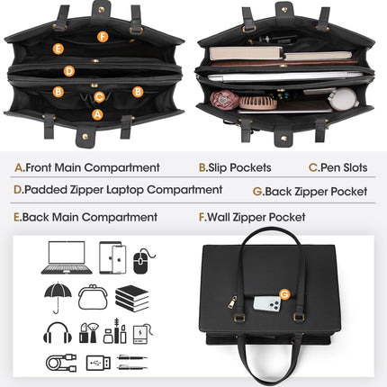 Dameshandtas voor de universiteit, PU-lederen draagtas, grote werktas, tas voor laptop van 15,6 inch, schoudertas, zwart