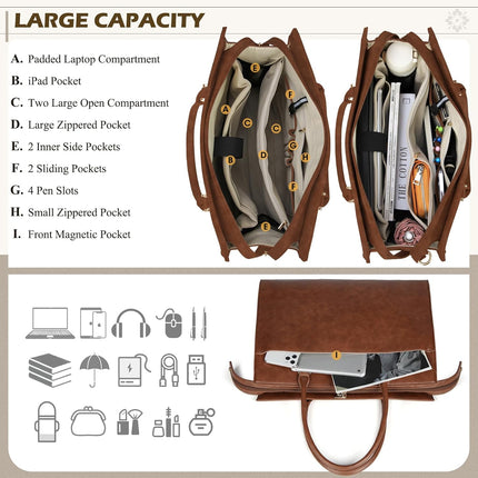 RAINSMORE Laptoptassen voor vrouwen 15,6 inch, dames draagtas, lederen designer laptop handtas, grote werktas met envelop, clutch tas voor kantoor en school