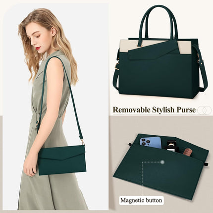 RAINSMORE Laptoptassen voor vrouwen 15,6 inch, dames draagtas, lederen designer laptop handtas, grote werktas met envelop, clutch tas voor kantoor en school