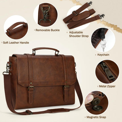 IGOLUMON Aktetas heren waterdichte schoudertas heren 15,6 inch laptoptas vintage werktas messenger bag laptop schoudertassen bruin