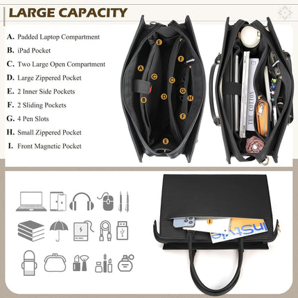 RAINSMORE Laptoptassen voor vrouwen 15,6 inch, dames draagtas, lederen designer laptop handtas, grote werktas met envelop, clutch tas voor kantoor en school