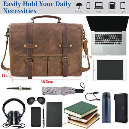 NEWHEY heren schoudertassen, aktetas, laptoptas, waterdicht, canvas, groot, werktas, koerierstas, mannen, vintage, 15,6, bruin