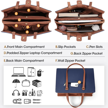 Dameshandtas voor de universiteit, PU-lederen draagtas, grote werktas, tas voor laptop van 15,6 inch, schoudertas, zwart