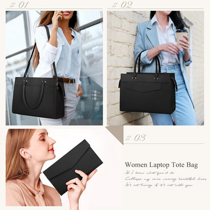 RAINSMORE Laptoptassen voor vrouwen 15,6 inch, dames draagtas, lederen designer laptop handtas, grote werktas met envelop, clutch tas voor kantoor en school